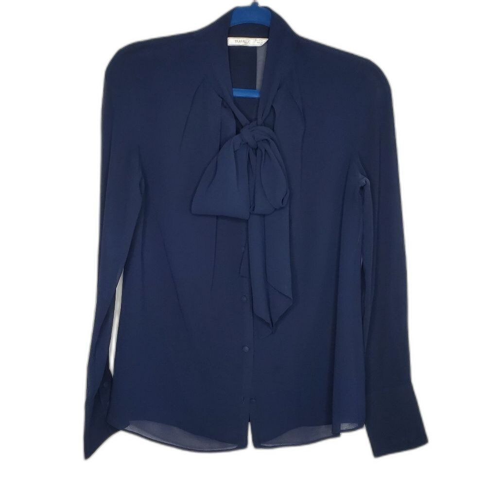 Zara Trafaluc Navy Blue Sheer Long Sleeve Blouse Size XS